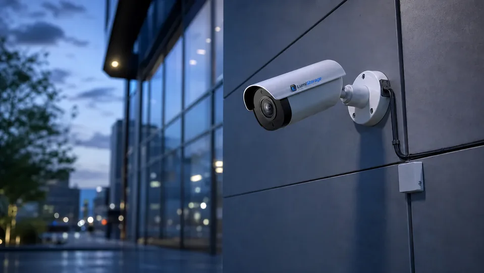 Cámara IP de seguridad instalada en un edificio comercial moderno