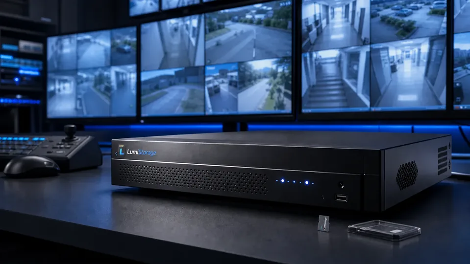 Grabador NVR profesional con tarjeta microSD en una sala de videovigilancia